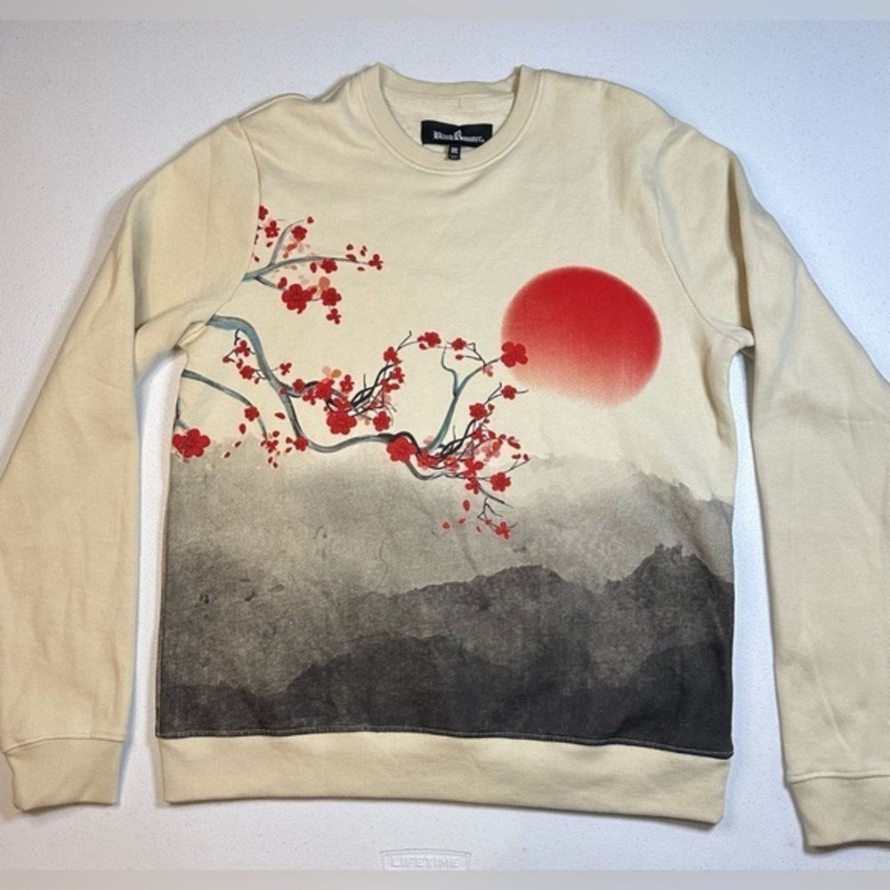 Blind Rooster Japanese Sun Cherry Blossom Mountain Sweatshirt Cream Mens Medium
